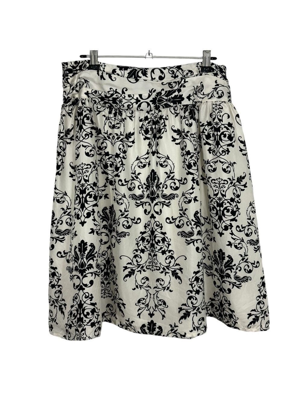 Anne Carson 100% Silk Floral Skirt Sz 4 White Black Damask Knee Length VGUC